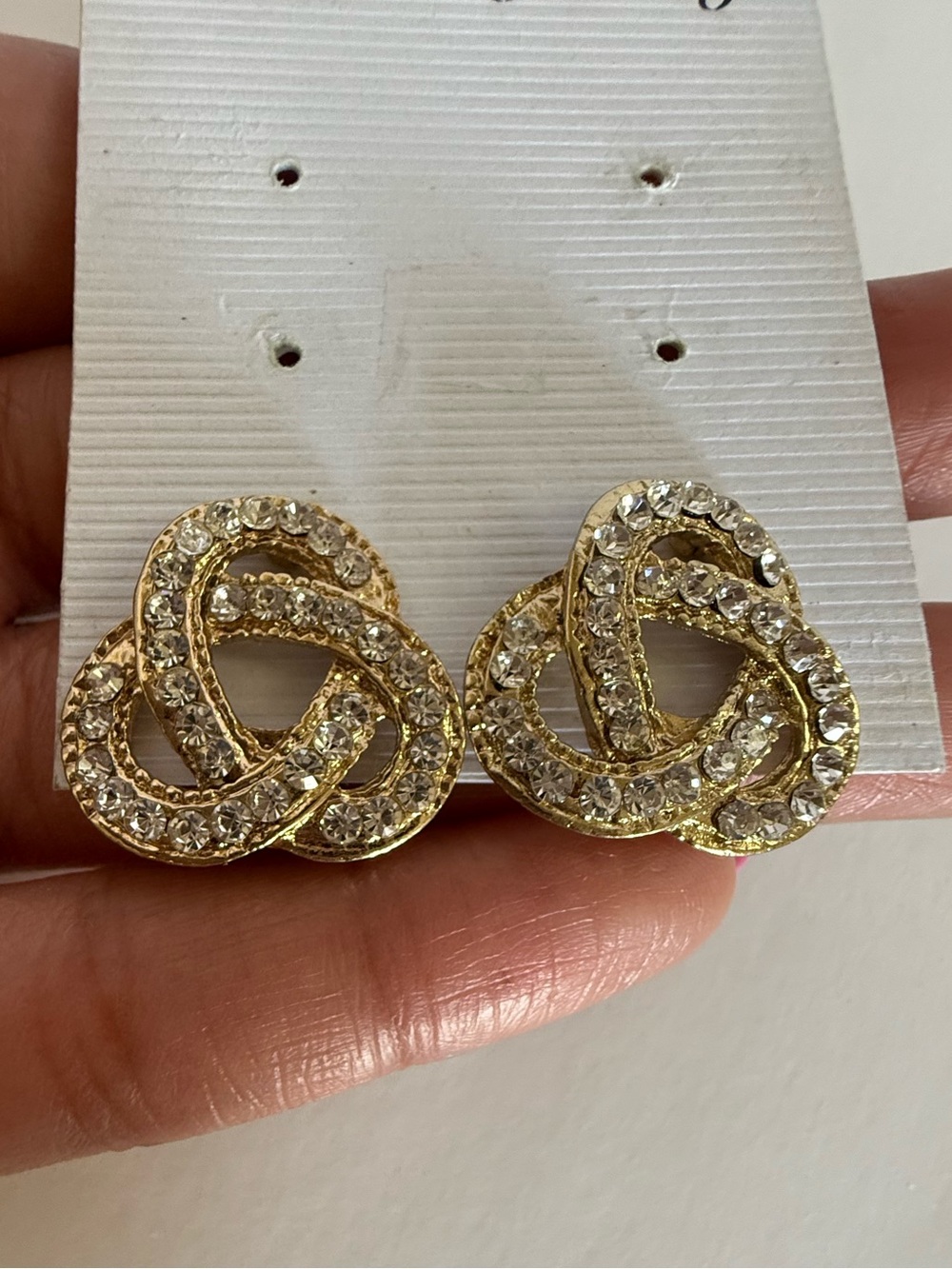 Vintage Gold Knot Stud Earrings with Rhinestones